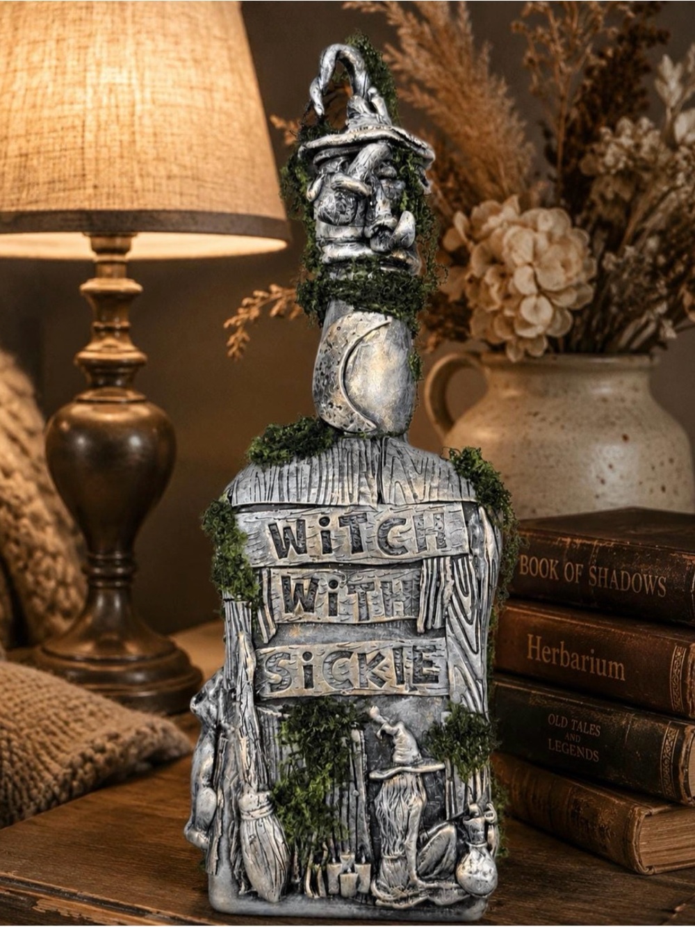Witch With Sickle Bottle – Gothic Witch Cottage Decor